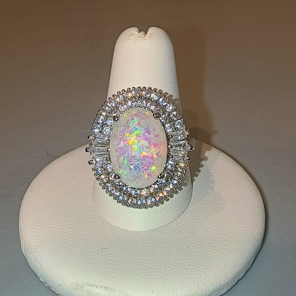 Oval Opal Cocktail Ring With Imitation Rhodium & CZ Halo size 6-10